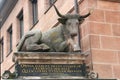Nuremberg, Germany - August 27, 2023: Ox statue on Butcher\'s bridge in old town of Nuremberg
