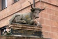 Nuremberg, Germany - August 27, 2023: Ox statue on Butcher\'s bridge in old town of Nuremberg