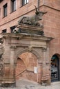 Nuremberg, Germany - August 27, 2023: Ox statue on Butcher\'s bridge in old town of Nuremberg