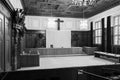 Courtroom 600 interior, black and white. Memorial courtroom of Nuremberg Trial, monochrome. History of Nuremberg trials.