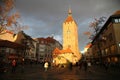 NUREMBERG, GERMANY - DECEMBER 23, 2013: Ludwigsplatz Street near The Clock Tower Weisser Turm. Nuremberg, Germany.