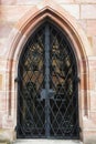 black glass door behind wrought iron bars Royalty Free Stock Photo