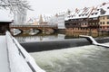 Nuremberg, Germany- Max bridge- river Pegnitz- snowy cityscape Royalty Free Stock Photo