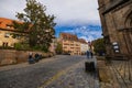 View into the old town or Altstadt. Cobbled streets and ancient medieval houses in the