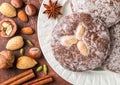 Nuremberg gingerbread with nuts almonds, hazelnuts, walnuts in sugar glaze Royalty Free Stock Photo