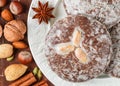 Nuremberg gingerbread with nuts almonds, hazelnuts, walnuts in sugar glaze Royalty Free Stock Photo