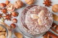 Nuremberg gingerbreads with nuts almonds, hazelnuts, walnuts in chocolate and sugar glaze Royalty Free Stock Photo