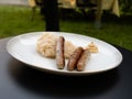 Nuremberg Grilled Sausage or NÃÂ¼rnberger Rostbratwurst with Sauerkraut