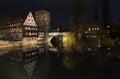 Nuremberg, Hangman`s House, Hangman`s Bridge over the Pegnitz River and Water tower Royalty Free Stock Photo