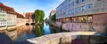 Nuremberg, view from the museum bridge to the riverbank promenade of the Pegnitz.