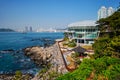 Nurimaru APEC House on Dongbaek island and Gwangan bridge in Busan, South Korea