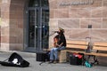 NURNBERG, GERMANY - JULY 13 2014: Hauptmarkt, the central square of Nuremberg - street musician