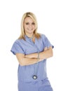 Caucasian doctor or nurse wearing blue scrubs