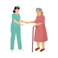 Nurse Assisting Old Woman On A Walker Against White