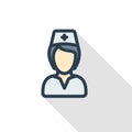 Nurse avatar, doctor thin line flat color icon. Linear vector symbol. Colorful long shadow design.