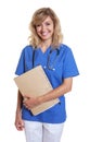 Nurse with blond hair and file showing thumb