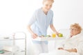 Nurse in blue uniform with tray with glass of orange juice and portion of fruits and old woman lying in bed at nursing Royalty Free Stock Photo