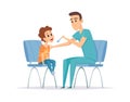 Nurse and boy. Rehabilitation, pediatrician ill kid. Cartoon vaccination, doctor and little patient. Flu or virus Royalty Free Stock Photo