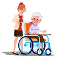 Nurse Carrying A Disabled Old Woman In Wheelchair Vector. Isolated Cartoon Illustration Royalty Free Stock Photo