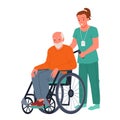 Nurse carrying wheelchair with sitting old patient, caregiver taking care of senior man