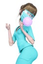 Nurse cartoon is blowing a bubble with bubblegum on pin up pose in white background Royalty Free Stock Photo