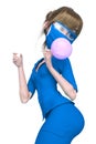 Nurse cartoon is blowing a bubble with bubblegum on pin up pose in white background Royalty Free Stock Photo