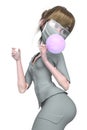 Nurse cartoon is blowing a bubble with bubblegum on pin up pose in white background