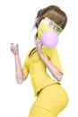 Nurse cartoon is blowing a bubble with bubblegum on pin up pose in white background Royalty Free Stock Photo