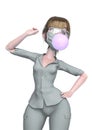 Nurse cartoon is blowing a bubble with bubblegum in white background