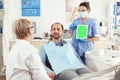 Nurse dentist showing green screen display to stomatology senior doctor Royalty Free Stock Photo