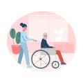 Nurse or Doctor Helping Disabled Elderly Man who is Sitting in Wheelchair, Healthcare Assistance Vector Illustration Royalty Free Stock Photo