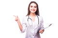 Nurse doctor woman smile with stethoscope, hold hand showing something on the open palm, Royalty Free Stock Photo