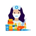 Nurse with face mask and medical bottle, pills, syringe flat vector icon Royalty Free Stock Photo