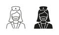 Nurse in Face Mask Symbol Collection. Professional Doctor Woman Line and Silhouette Black Icon Set. Female Physicians