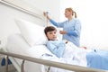 Nurse getting the drip to afraid child scared by the needle looking at camera in hospital room Royalty Free Stock Photo