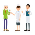 Nurse gives medication to patient. Elderly man with glass of water stretches his hand to pills. Doctor reads the patient medical Royalty Free Stock Photo