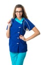 nurse with glasses holding stethoscope