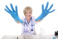 Nurse gloves stretching his arms