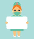The nurse is in the hands of a poster with the information. Modern flat design.