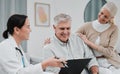 Nurse, healthcare and planning with a senior couple in their home, talking to a medicine professional. Medical Royalty Free Stock Photo