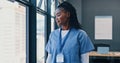 Nurse, healthcare and thinking at window of hospital with ideas for surgery, medical decision and happy. Medicine, black Royalty Free Stock Photo