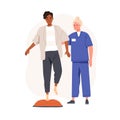 Nurse helping patient with rehabilitation. Balance exercise with bosu ball. Man and doctor during rehab physiotherapy