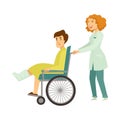 Nurse helping patient in wheelchair vector cartoon characters