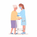 Nurse helps elderly patient with a walker. People in orthopedic therapy rehabilitation. Therapist working with disabled person Royalty Free Stock Photo