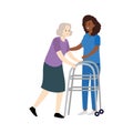 Nurse helps her grandmother to go to the walker. Caring for the elderly.