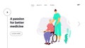 Nurse Helps Senior Woman on Wheelchair Landing Page. Old Desabled People Character in Nursing Home. Social Worker