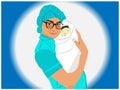 Nurse holding a new born baby on her arms vector art portrait, editable Ai file available Royalty Free Stock Photo