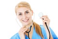 Nurse Holding Stethoscope Over White Background Royalty Free Stock Photo