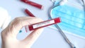 Nurse holding a test tube with blood for Coronavirus test over medical table with respiratory mask and pills. 2019-nCoV virus