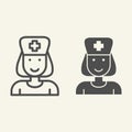 Nurse line and solid icon. Medical assistant with stethoscope and cap outline style pictogram on white background